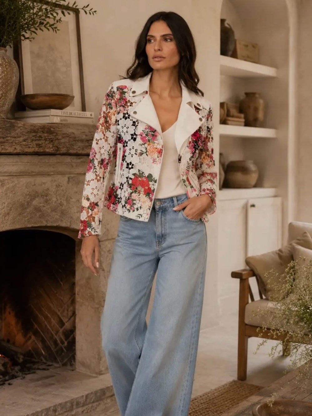 Floral lace White Moto Jacket - Women's Floral Zip Jacket